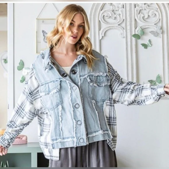OLI & HALI -Plaid Pieced Denim Jacket Size small - Picture 5 of 10